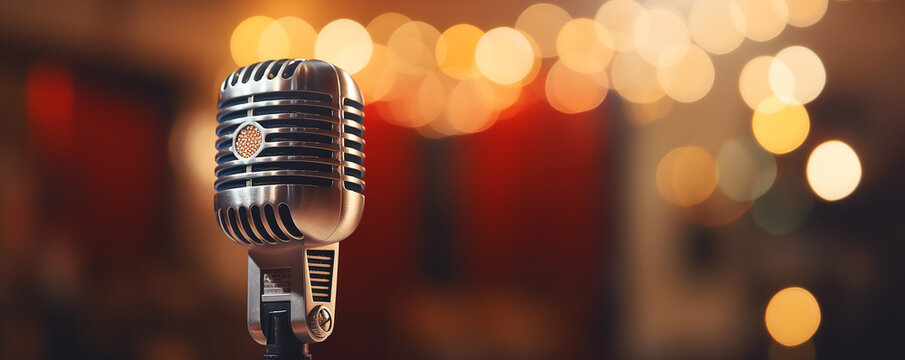 vintage microphone on a stand in a club, lights and bokeh in the background. Jazz music cozy atmosphere