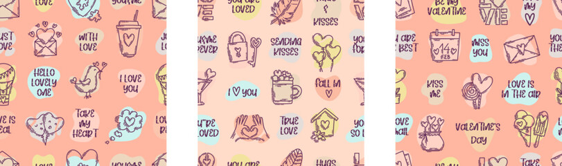 The love theme doodle style seamless pattern, Valentines Day hand-drawn color icons with a simple engraving retro effect. Romantic mood, cute symbols and elements backgrounds collection.