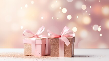 Obraz premium Pink pastel gift boxes on a bokeh background. Valentine's Day celebration.