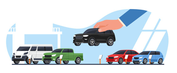 Choosing and buying new car. Different new automobile in car showroom. Agent hand hold sedan. Dealer selling vehicle. Dealership cartoon flat isolated illustration. Vector concept