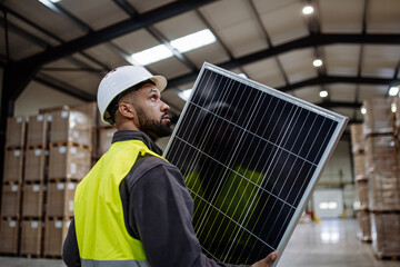 Handsome worker carrying solar panel in warehouse, factory. Solar panel manufacturer, solar...