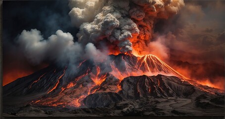 A scene of a volcanic island erupting, with fiery lava cascading down the slopes into the surrounding ocean, creating steam and turbulent waves - Generative AI