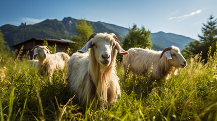 Obraz na płótnie Canvas Goats contentedly grazing on fresh grass
