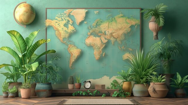 Map world on a wooden board, Wanderlust, Travel, World Map Icon, Travel Essentials, Earthy Tones, Greens, Warm Travel Lamp Light