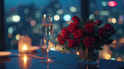  "Rooftop Romance: Valentine's Night Above the City Lights".  Intimate Valentine's dinner at a rooftop restaurant overlooking a lit-up cityscape.