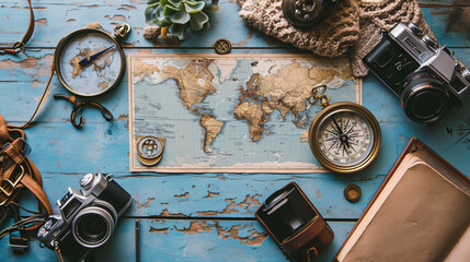 Flat lay of a travel enthusiasts desk with a world map a vintage compass travel guides and a camera evoking a sense of adventure. - obrazy, fototapety, plakaty