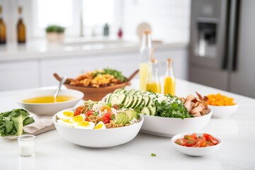 deconstructed cobb salad with ingredients in separate bowls