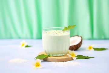 a coconut water smoothie with cucumber slices floating on top