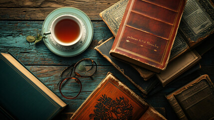 Flat lay of a vintage book collectors treasures with classic novels antique spectacles and a cup of tea on an old wooden desk. - obrazy, fototapety, plakaty