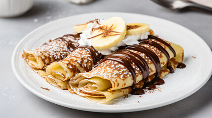 Chocolate and banana crepes served on a white plate