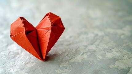 Red origami heart on white background   