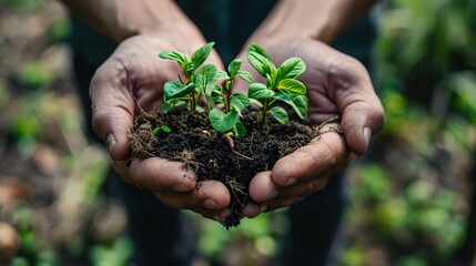 Fototapeta premium A fragile potted plant is caressed by tender hands as it grows in the sunlight. 