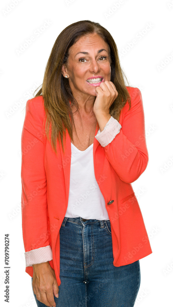 Poster Beautiful middle age business adult woman over isolated background looking stressed and nervous with hands on mouth biting nails. Anxiety problem.