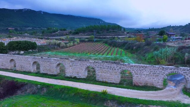 San Andr&eacute;s de Muga aqueduct between vineyards in autumn in Labastida in the province of Alava. Aerial view from a drone. Basque Country, Spain, Europe