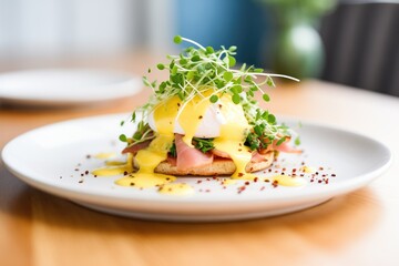 eggs benedict on a plate with crisscrossed chives and paprika sprinkle