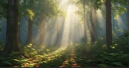 A scene of an enchanting forest canopy, with rays of sunlight filtering through the foliage, creating intricate patterns on the forest floor teeming with life - Generative AI