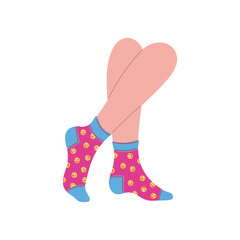 Female legs in ankle socks with funny design, flat vector illustration isolated.