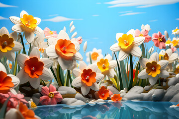Spring grass and flowers, 3d illustration, generated ai