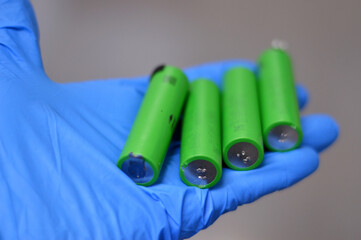 Cairo, Egypt, January 13 2024: 18650 battery pack cells, cylindrical lithium-ion battery common in...
