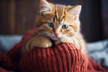 Ginger Tabby Kitten Snuggled in Cozy Red Knit