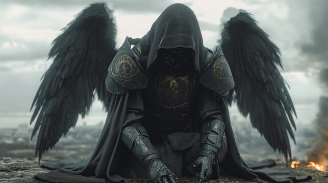 A cinematic photography of a fierce hooded fallen angel, black feathered wings with futuristic gothic style armour engraved with glowing symbols, sci-fi angel