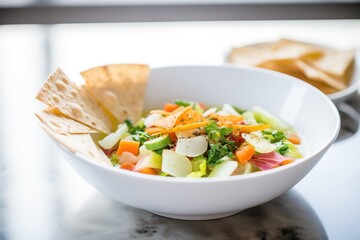 freshly chopped vegetables with crispy pita on a white bowl