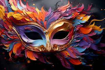 Colorful Mask For Carnival, Dynamic Watercolor Illustration of a Festive Mask, Expressing the Energetic Spirit of Venice Carnival for Costumes