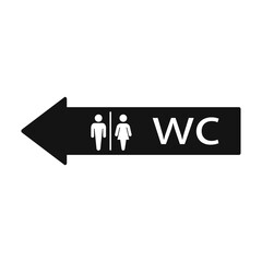 WC Toilet icons set. Men and women WC signs for restroom. WC direction arrow symbol vector illustration.