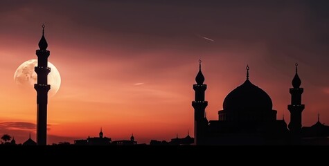 Fototapeta na wymiar Beautiful large Islamic mosque at the sunset sky background