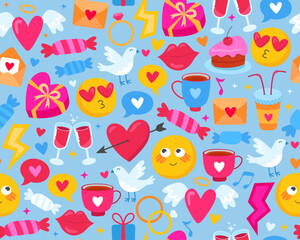 Seamless pattern with romantic love pictures. Wrapping paper, design for Valentine's Day. Hearts, smiles, candies, rings, birds. Cartoon cute colorful illustrations. Blue background. 