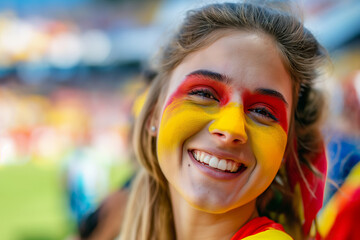 Excited Young Spanish Woman Fan Cheering at European Soccer Tournament 2024, Close-Up Portrait with Spanish Flag Face Paint in Full Stadium – Summer Sports Enthusiasm and National Pride - obrazy, fototapety, plakaty