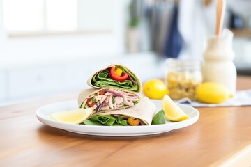 tuna salad filled flaxseed wrap with a side of lemon wedges