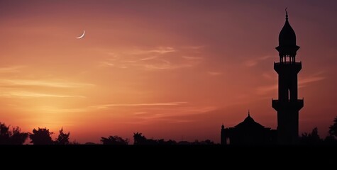 Beautiful large Islamic mosque at the sunset sky background