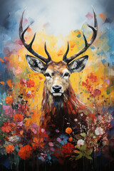 Artistic impasto style painting of a deer with antlers. Colorful animal wall print. 
