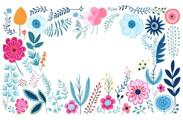 Hand drawn minimal background with empty space. A geometric frame with blue, pink and green doodles.