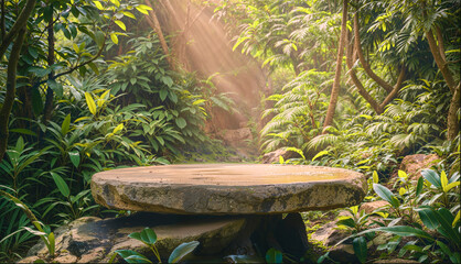 Flat stone podium in the tropical forest, empty round stand background