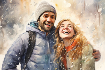 Hugging joyful men and women in winter weather in watercolor style, selective focus - obrazy, fototapety, plakaty