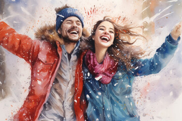 Portrait of a joyful and cheerful man and woman in winter weather in watercolor style, selective focus - obrazy, fototapety, plakaty