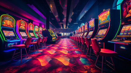 Rows of colorful slot machines casino
