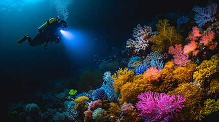 Fototapeta na wymiar Night dive scene with a diver shining a light on colorful coral and nocturnal sea creatures.