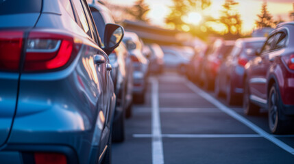 混雑した自動車ディーラーの駐車場に沈む夕日の輝き、自動車ビジネスのイメージ。