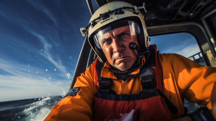Coast guard Officer in a stormy sea. Rescue operation in ocean using helicopter or rescue boat