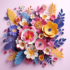 Paper cut floral bouquet, Flower paper craft style. Mother's day. Happy Women's day. Botanical 8 March. Invitation banner. Postcard