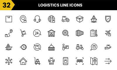 Delivery package logistics line vector icon set. This set includes various elements such as truck, arrows, courier, map, cargo and etc. Simple icon graphic symbol design