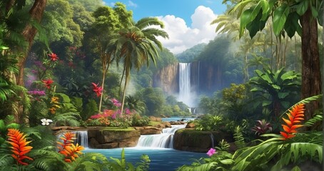 A scene of a tropical rainforest waterfall set amidst towering trees, vibrant ferns, exotic flowers, and diverse wildlife thriving in the lush surroundings - Generative AI