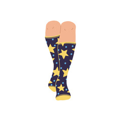 Legs dressed in socks decorated with yellow stars, children knee socks with cool print, vector stylish footwear