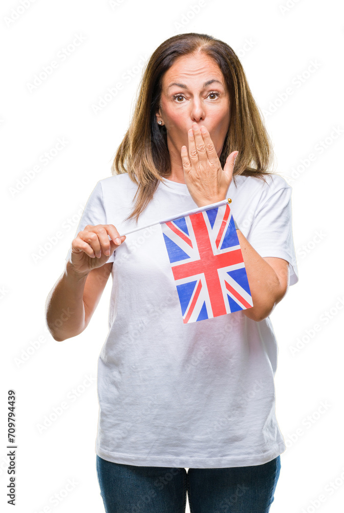 Poster Middle age hispanic woman holding flag of United Kingdom over isolated background cover mouth with hand shocked with shame for mistake, expression of fear, scared in silence, secret concept