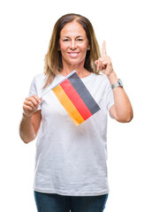 Middle age hispanic woman holding flag of Germany over isolated background surprised with an idea or question pointing finger with happy face, number one