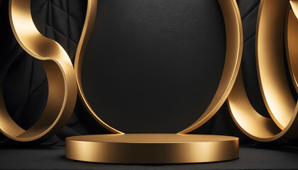 Gold podium on black textile background. abstract luxury minimal wall scene for mockup products display. Round stage for showcase.