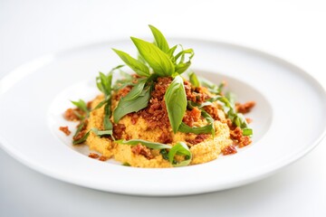 sun-dried tomato hummus with basil leaves on a white dish